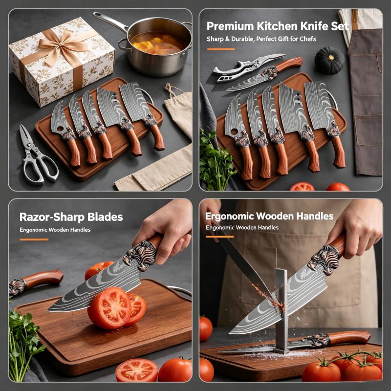 Professional 6-Piece/7-Piece Stainless Steel Kitchen Set - Laser Pattern Blades, Bone Lift & Slice, Carving, Butcher, Fish Functions, Scissors - Super Sharp, Chef-Favored Gift Ready Option