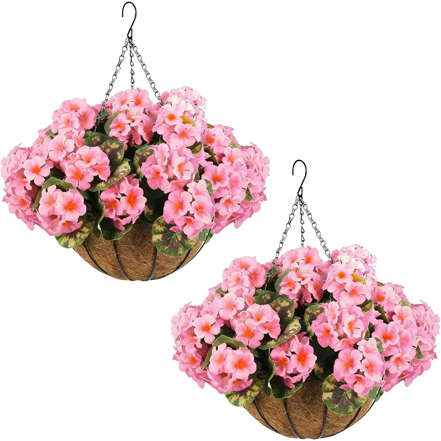 GARVEE 2Pcs Decorative Artificial Hanging Plant-Flower Set with Basket, Durable Faux Florals for Outdoor Porch, Indoor Home Decor (Pink)