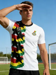Men's Ghana Flag Five-Star Football Jersey, Quick-Dry Breathable Training T-Shirt, Casual Fitted Letter Pattern, H-Type Silhouette