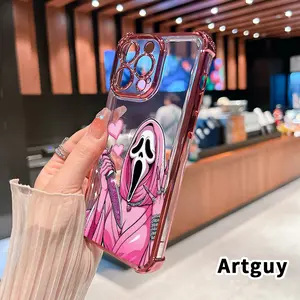 Electroplated Four Corner Anti-Fall Pink Ghostly Love Pattern Phone Case for iPhone 16 Pro Max 15 Plus 14 13 12 11 E Shockproof Transparent Protective Cover