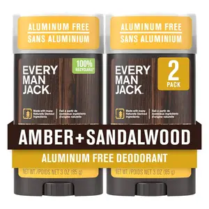Every Man Jack Amber + Sandalwood Men’s Deodorant - Stay Fresh with Aluminum Free Deodorant For all Skin Types - Odor Crushing, Long Lasting, with Naturally Derived Ingredients - 3 oz - 2 Pack