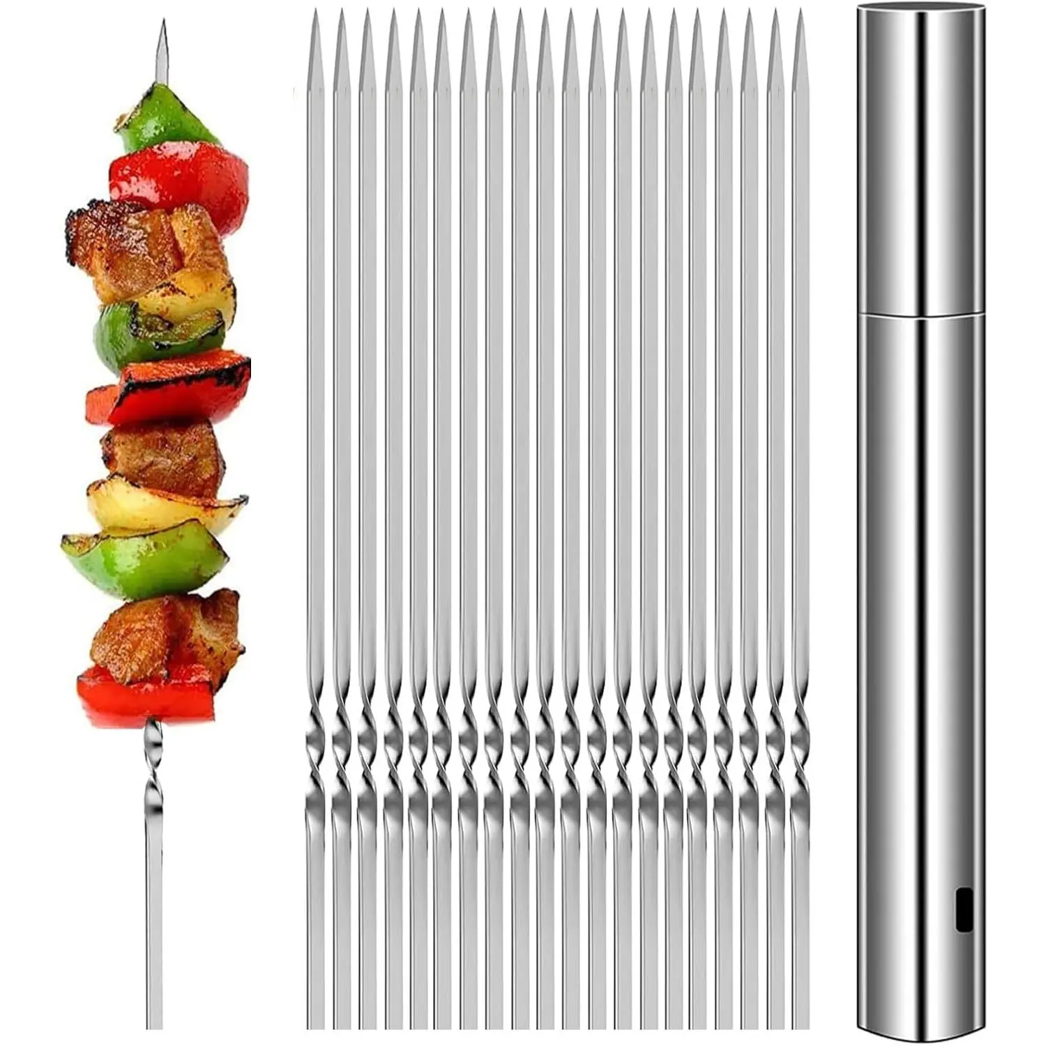 20 13.8" Stainless Steel Kabob Flat Skewers with 1 Tube Storage, Heavy Duty Grilling Skewers,Barbecue Skewers, Resuable BBQ Sticks for Shish Meat Chicken