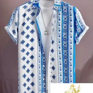 Baby blue paisley, print short sleeve button up Menswear Shirts Tops Casual Chinos