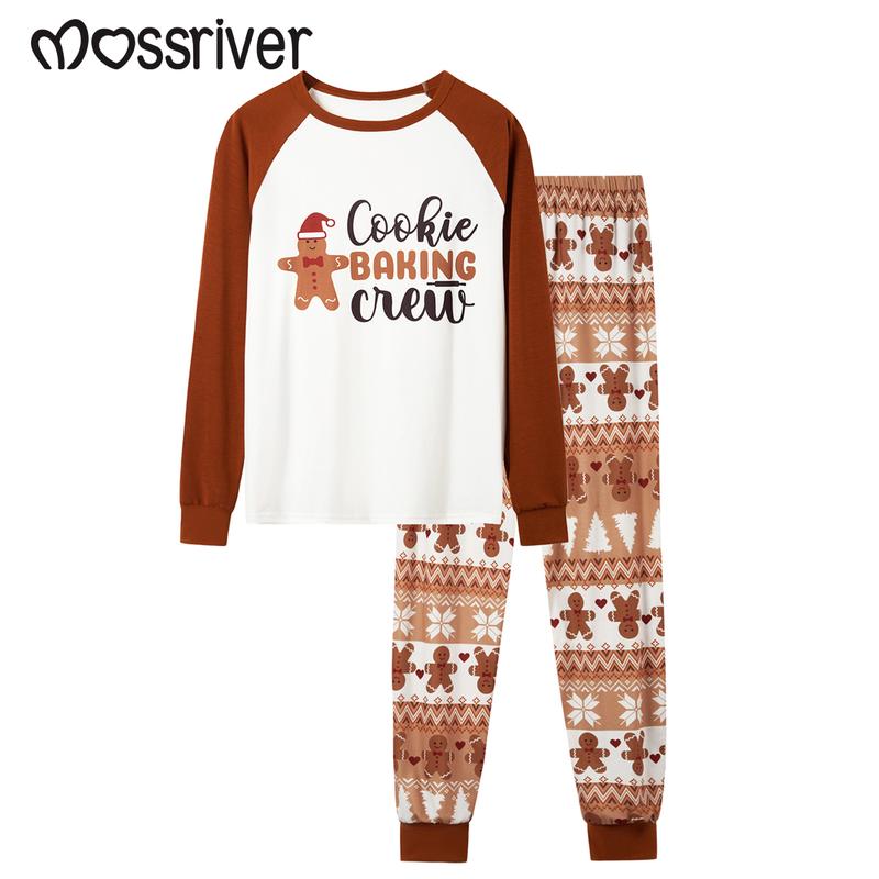 MOSSRIVER Christmas Family Matching PJs Soft Long-Sleeve Gingerbread Holiday Set Knit Baby Romper with Cookie Baking Crew Graphic Pajamas