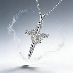 AELNEN Silver-Tone Crown Sword Zircon Necklace - Intricate Pave Accent Pendant - Retro Luxury Daily Jewelry