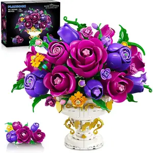 Purple Rose Flower Building Set, 905 PCS Botanicals Flowers Bouquet Building Block Kit with Pot, 18 Rose Bonsai Plant Collection Home Decor, Birthday Gift for Adults Women Boys Girls 12+