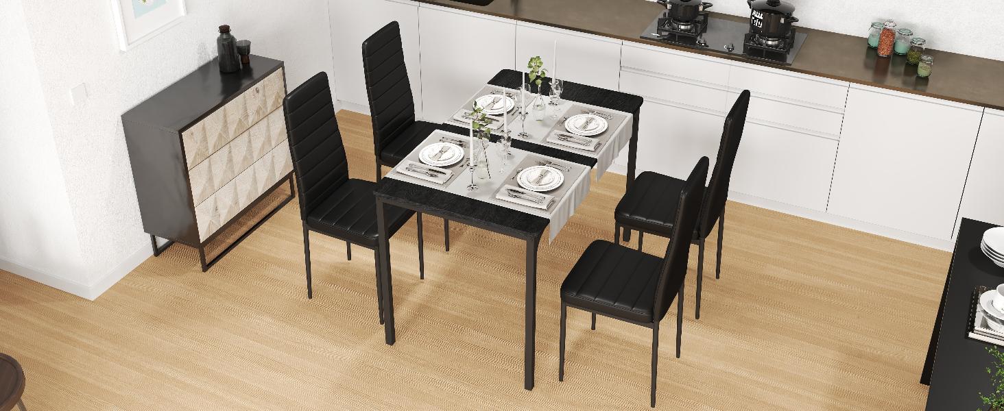 Gizoon Dining Table Set for 4, Kitchen Table Chairs Set of 4, 5 Piece Kitchen Table Set with 4 Upholstered PU Leather Chairs for Dining Room Living Room Apartment Small Space