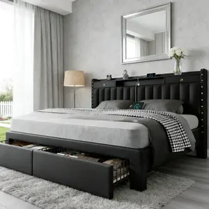 TryLazy Queen bed frame with 4 Storage Drawers No MATTRESS Queen Size Wood Slats Holds 900lbs No Noise No Box Spring Needed Full King Twin White Rivet Design USB Socket