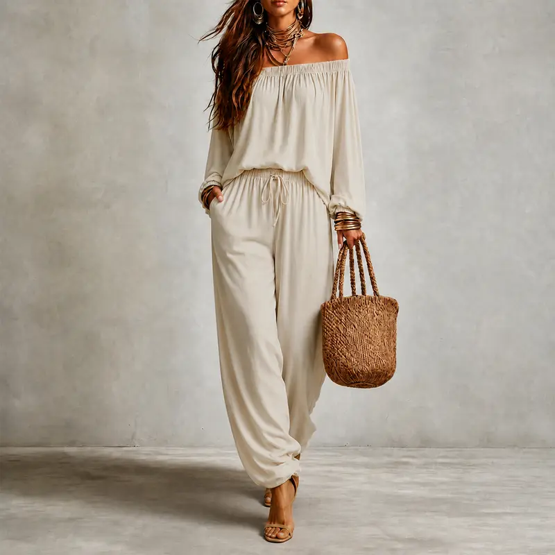 Florboom Women's Off The Shoulder 2 Piece Oversized Matching Set, Non-See-Through, Flowy Long Lantern Sleeve Bardot Top High Waisted Elastic Pants with Pockets, Casual Loose Boho Lounge Set for Fall Outfit, Vacation, Streetwear, Airport, Sohochic