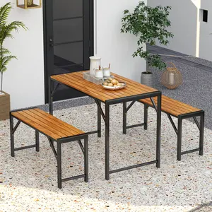 COSTWAY - 3 Pieces Patio Dining Set with Picnic Table and 2 Benches for 4 People