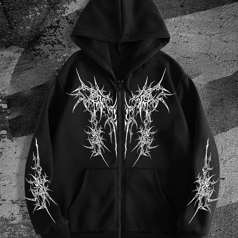Men's Gothic Dark Style Zip-Up Long Sleeve Hoodie Fashionable Streetwear for Casual Occasions, Perfect for Fall & Winter with Fitted Design