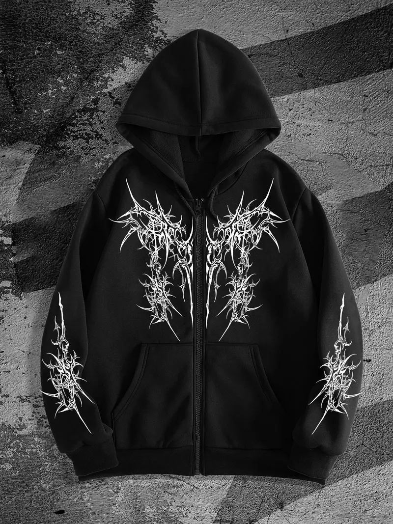 Men's Gothic Dark Style Zip-Up Hoodie, Fashionable Streetwear for Casual Occasions, Perfect for Fall & Winter with Fitted Design