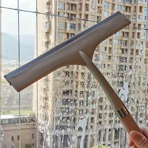 Glass Cleaner with Brush and Wooden Handle, Multi-Surface Water Removal Tool, Durable Anti-Scratch Window Scraper, Home Cleaning Aid