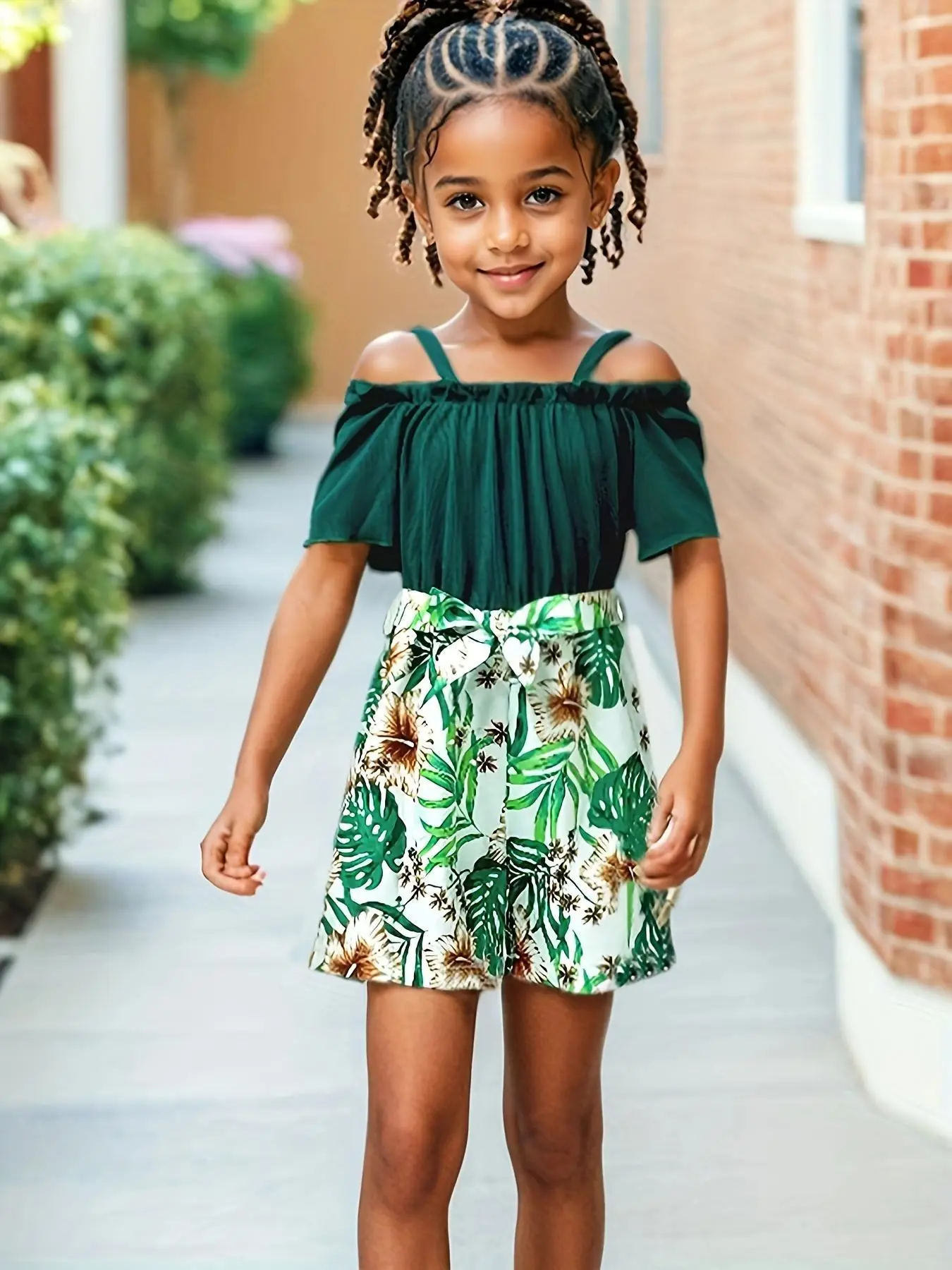 Girl's Leaf Print Short Jumpsuit, Casual Fashion Romper for Daily Outdoor Wear, Kids Clothes for Summer, Girly Clothing