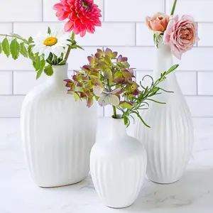 Textured Ceramic Minimalist White Flower Vases (Set of 3) - Boho Vases for Pampas Grass, Eucalyptus, Dry Flowers & Plants | Shelf Decoration, Mantel Decor, Table Centerpiece