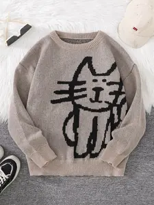 Men's Cartoon Cat Print Drop Shoulder Knitted Sweater, Regular Fit Casual Long Sleeve Round Neck Jumper for Fall & Winter, Fashion Men's Knitwear for Daily Wear