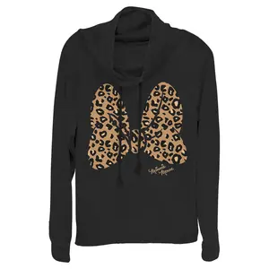 Junior's Mickey & Friends Cheetah Print Minnie Mouse Bow Cowl Neck Sweatshirt