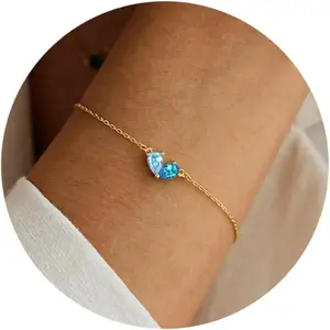 Dainty 2 Birthstones Heart Gold Bracelets for Women 14K Gold Plated Red CZ Bracelet Anniversary Birthday Gift for Bridesmaid Mother and Daughter
