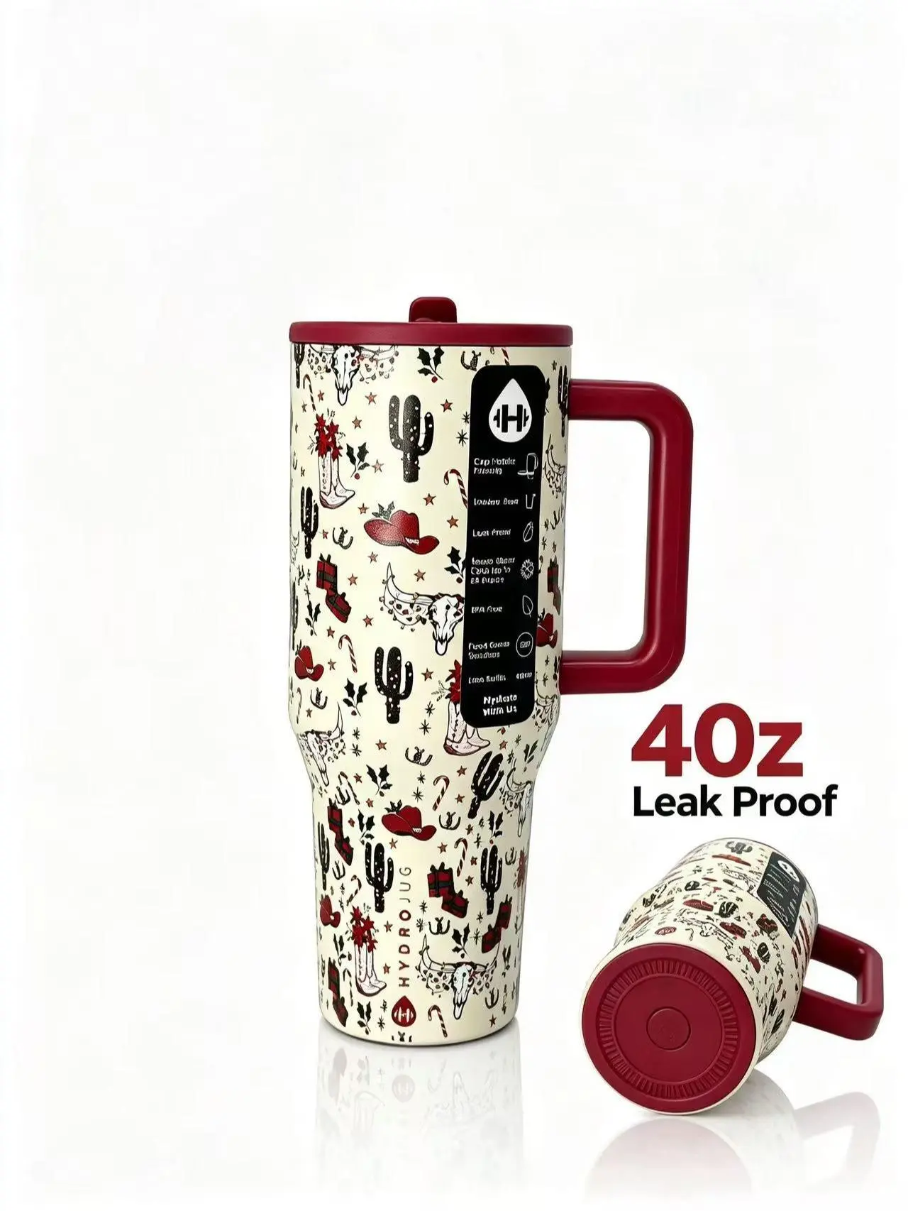 HydroJug 40oz Western Christmas Insulated Stainless Steel Flask - Cowboy Cactus Print, Handle for Comfortable Grip, Leak-Proof Lid, Cup Holder Friendly, Portable, BPA-Free, Keeps Drinks Cold/Hot, Holiday Gift Great Gift for Women, Flasks