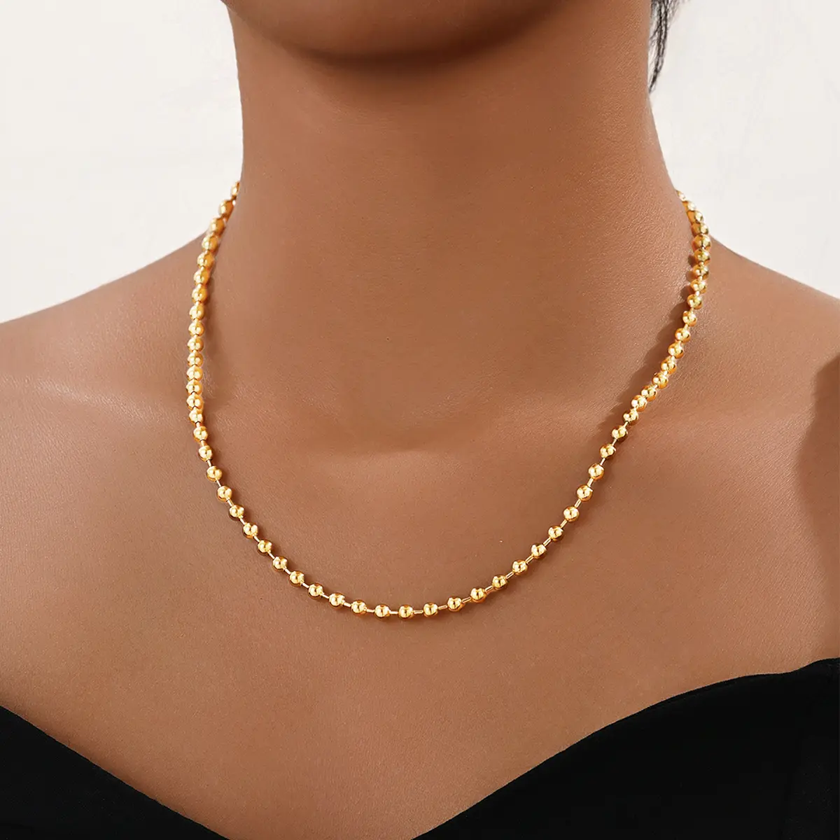 Women's 18K Gold-Plated Geometric Round Beads Stainless Steel Chain Necklace - Fashionable Elegant Costume Jewelry, Suitable for Daily Gatherings, Dates, Stainless Steel Jewelry, Gold Necklace Women