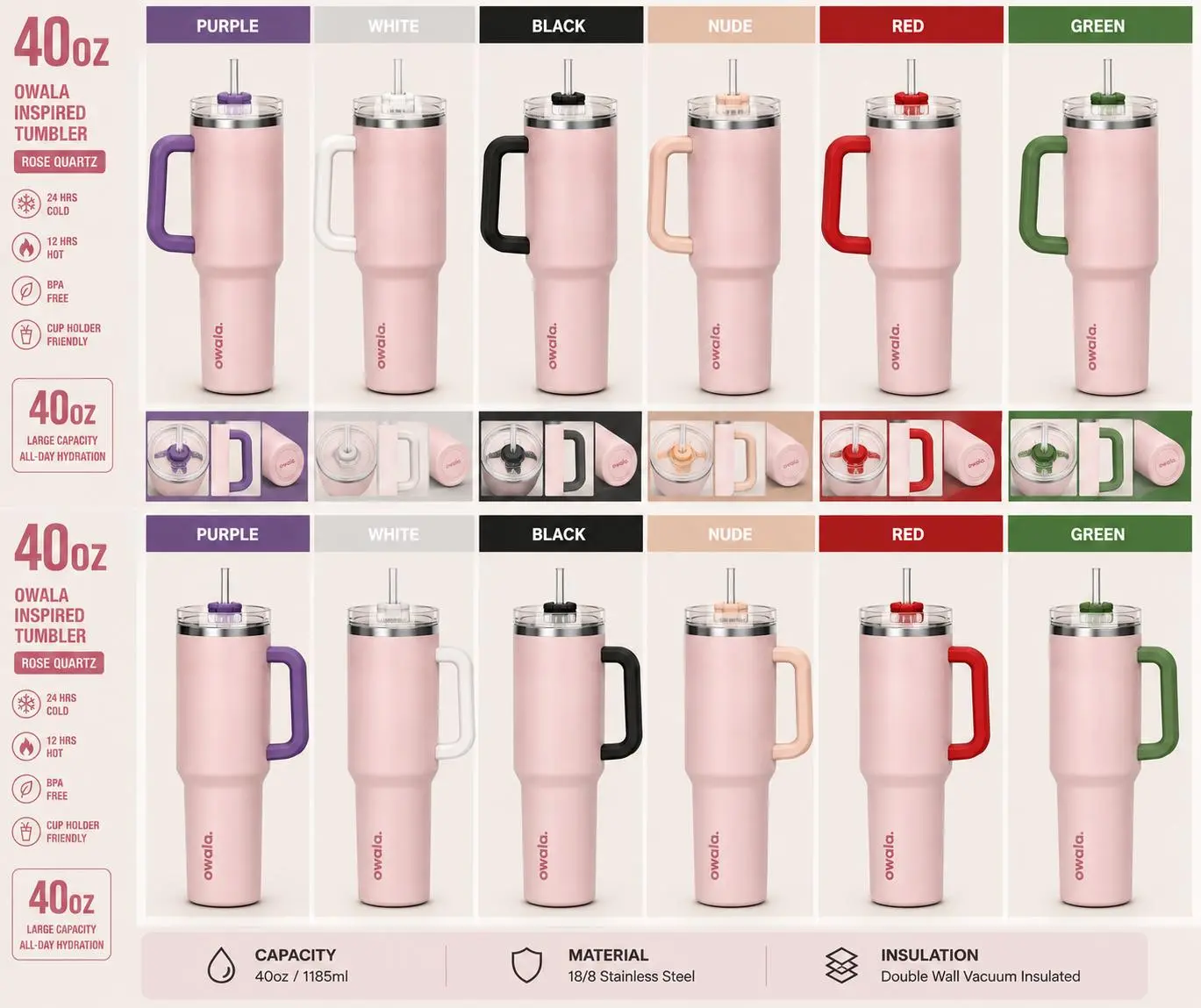 Owala 40oz Insulated Tumbler - Stainless Steel, Available in Purple, White, Black, Nude, Red, Green