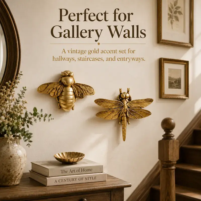 2PC Artistic Metallic Gold Bee+Dragonfly Insect Resin Hanging Wall Decor - 3D Dragon Theme Sculpture, Decorative Modern Home Ornament for Living Room, Sports Event Souvenir Gift, Bee+Dragonfly（2Pcs）