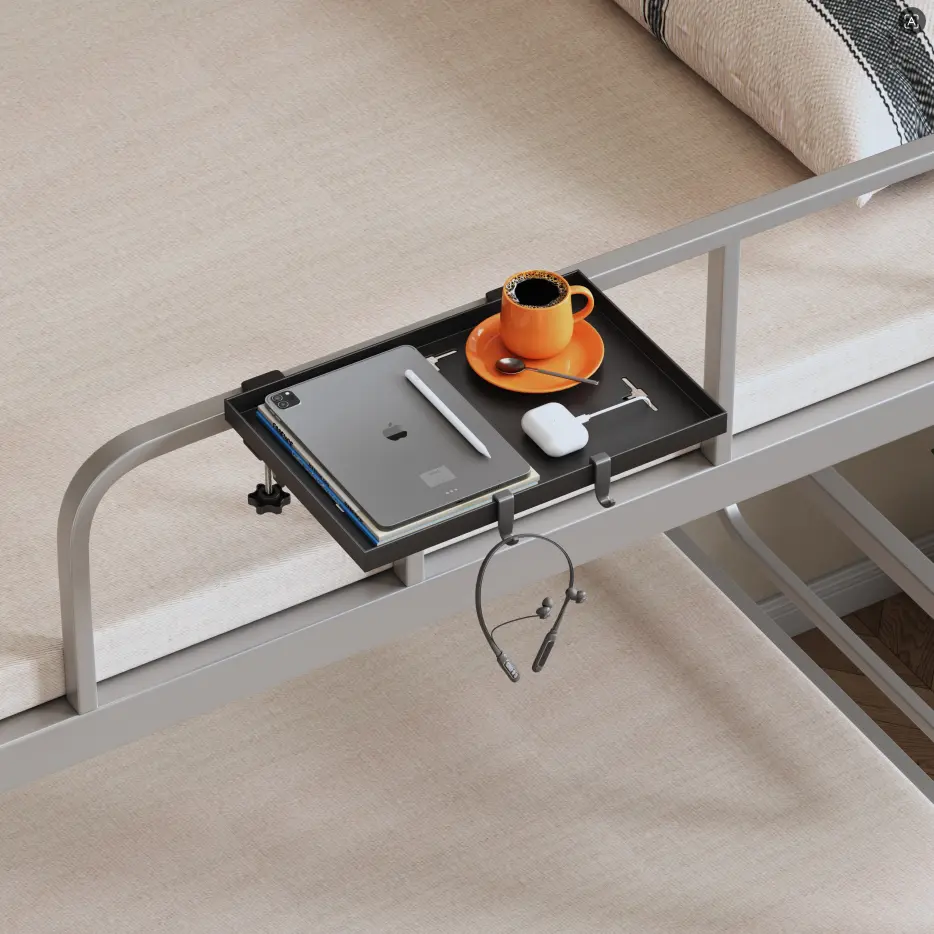 Back to School 100% Carbon Steel Clip-On Foldable Bedside Shelf No Drill Bed Side Tray with Cable Holes & Detachable Hooks for Dorm Bunk Beds College Students Dorm Room Essentials dormessentials home space-saving storage organizer