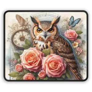 Elegant Owl Gaming Mouse Pad, Floral Gamer Mat, Vintage Owl Decor, Computer Accessories, Unique Gift Idea