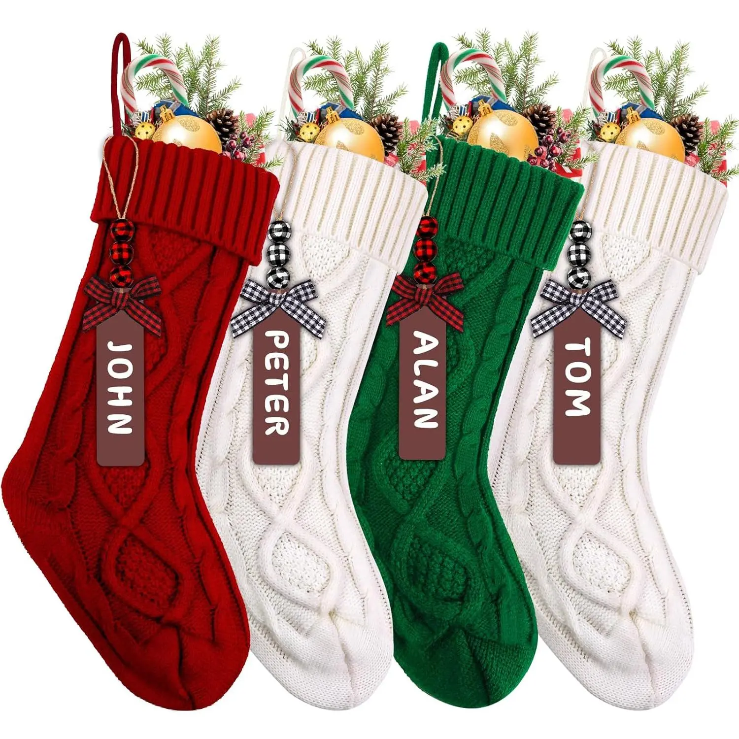4 count Christmas Stockings, 18inch Large Personalized  Knitted Xmas Hanging Stocking Decorations with Name Tags for Holiday Christmas Party Family Decor (Red Green White)