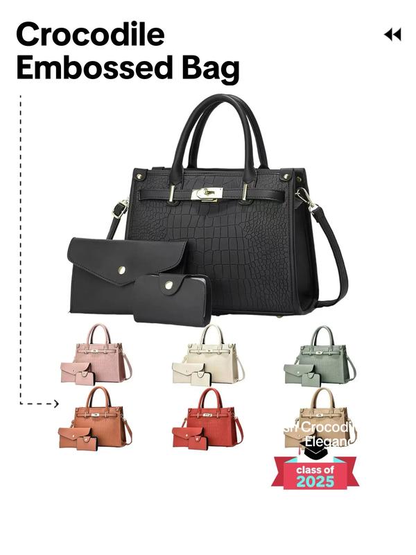 Women's Fashionable Crocodile Embossed Handbag, Large Capacity Shoulder Crossbody Bag, Stylish Handbag for Everyday Use, Fashionable Purse Handbag