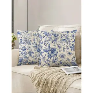 2pcs/Set Blue Plant & Flower Printed Pillowcases, Modern Style, Linen-Like Material, 45cm*45cm/17.72in*17.72in Square Shape, Soft & Comfortable Pillowcases For Home Decoration (Pillow Core Not Included)