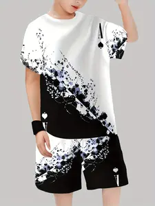 Boys' & Colorblock Printed Set, Casual Fitted Short Sleeve Top & Track Shorts, Outdoor Sports Wear, Sports Suit Set, 2 Piece Set
