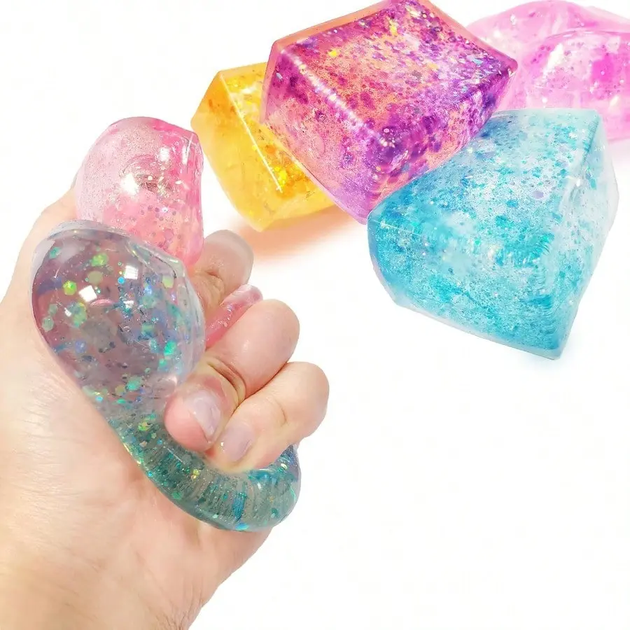 4pcs Colored Cube Stress Relief Toys - Unisex Glitter Non-Toxic Squishy Sensory Friendly Fidget Tools, Assorted Collectible Squishies, No Battery Needed, Birthday Party Hit Party Gift Ready for Kids
