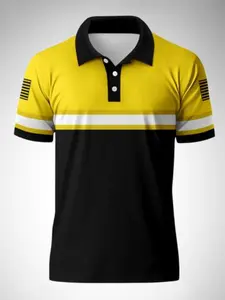 Men's Colorblock Short Sleeve Polo Shirt, Striped Collar Casual T-Shirt, Business Golf Sport Top, Slim-Fitting All over Print, Printed Polo Shirts