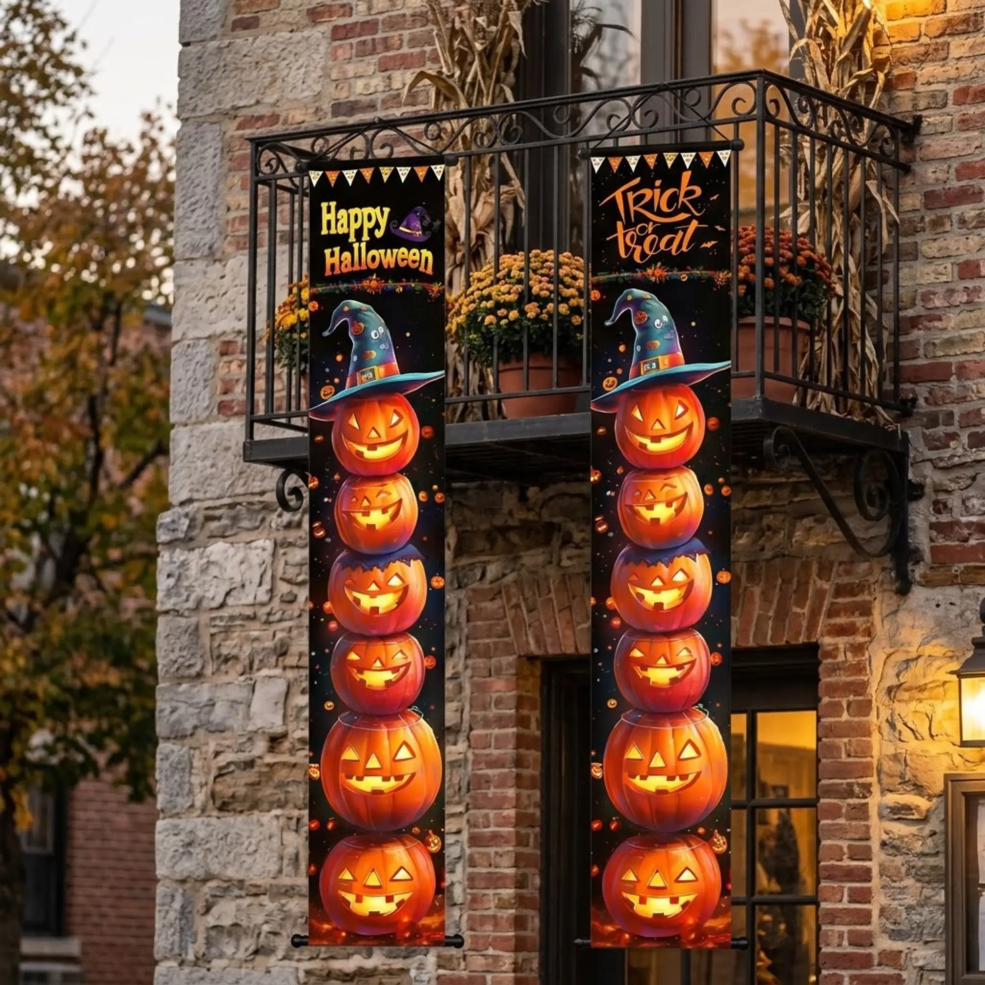 Halloween Door Curtain – Spooky Pumpkin Door Banner, Trick or Treat Hanging Decoration, Halloween Front Door Decor, Witch & Jack-O’-Lantern Party Decorations for Home