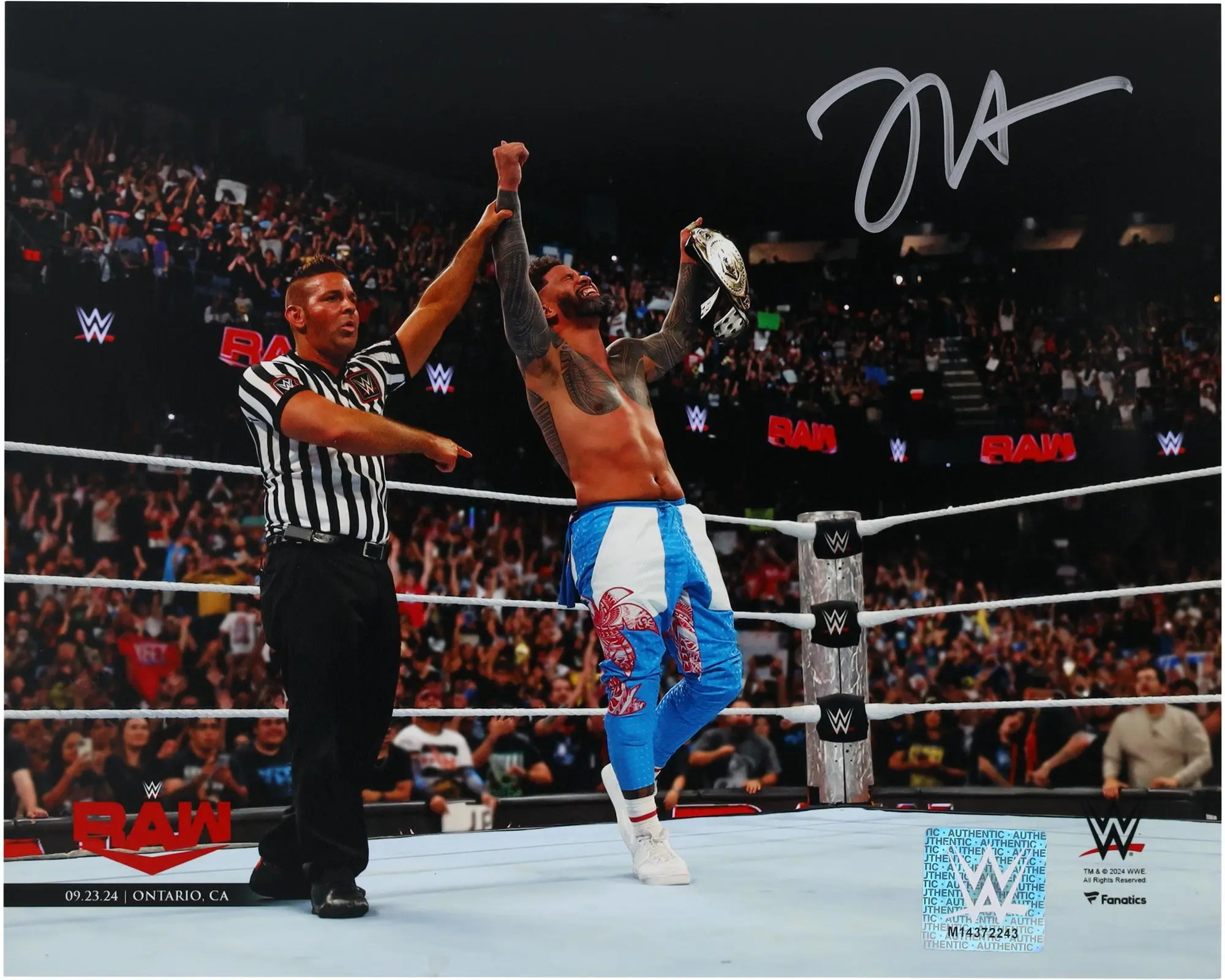 Jey Uso WWE Autographed 8" x 10" Raising Intercontinental Championship Photograph - Fanatics Authentic Certified