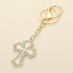 Rhinestone Pave Rim Mother of Pearl Cross Drop Bag Charm Keychains
