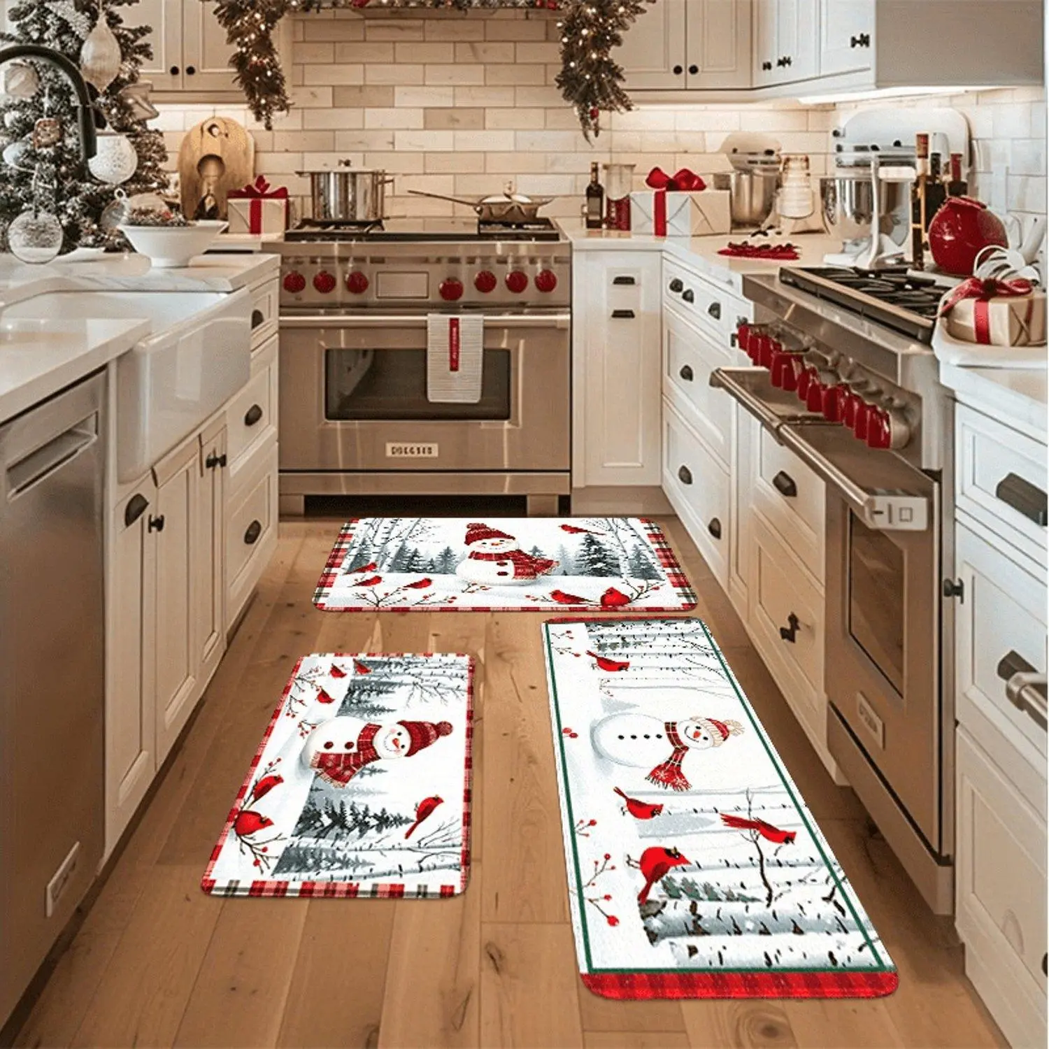 Flannel Kitchen Rug, Christmas Snowman Cardinal Bird Winter Forest Plaid Border Pattern, Non-Slip Water Absorbent Anti-Fatigue Floor Mat for Kitchen Home Decor