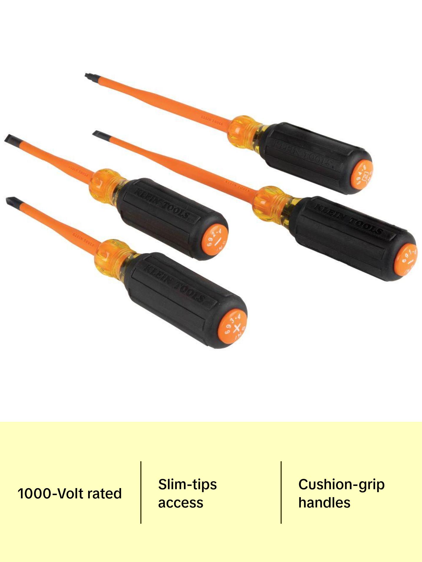 Klein Tools 33734INS Screwdriver Set, Slim-Tip Insulated Phillips, Cabinet, Square, 4-Piece