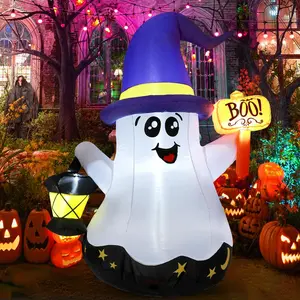 GOOSH 5 FT Outdoor Halloween Decor Inflatables Ghost Outdoor Decorations Blow Up Yard Cute Wizard Ghost with Hand-Held Light with Built-in LEDs for Garden Lawn Indoor Party Decor  Ornaments