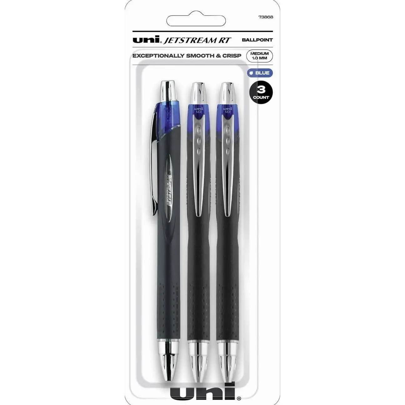 uni-ball® JetStream™ RT Retractable Ballpoint Pens, Bold Point, 1.0 mm, Black Barrel, Blue Ink, Pack Of 3