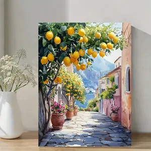 1 Piece Framed Canvas Wall Art 29.97x 39.88cm - Amalfi Coast Italy Positano Watercolor Painting Lemon Trees and Coastal City Landscape, Wooden Frame, Living Room Bedroom Office Decoration, High-Quality Printing, Home Decoration, Unique Gift Idea