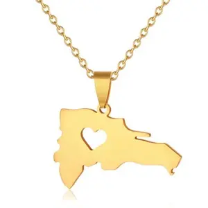 Gold Plated Stainless Steel Dominican Republic Map Pendant Necklace with a Heart Cut Out