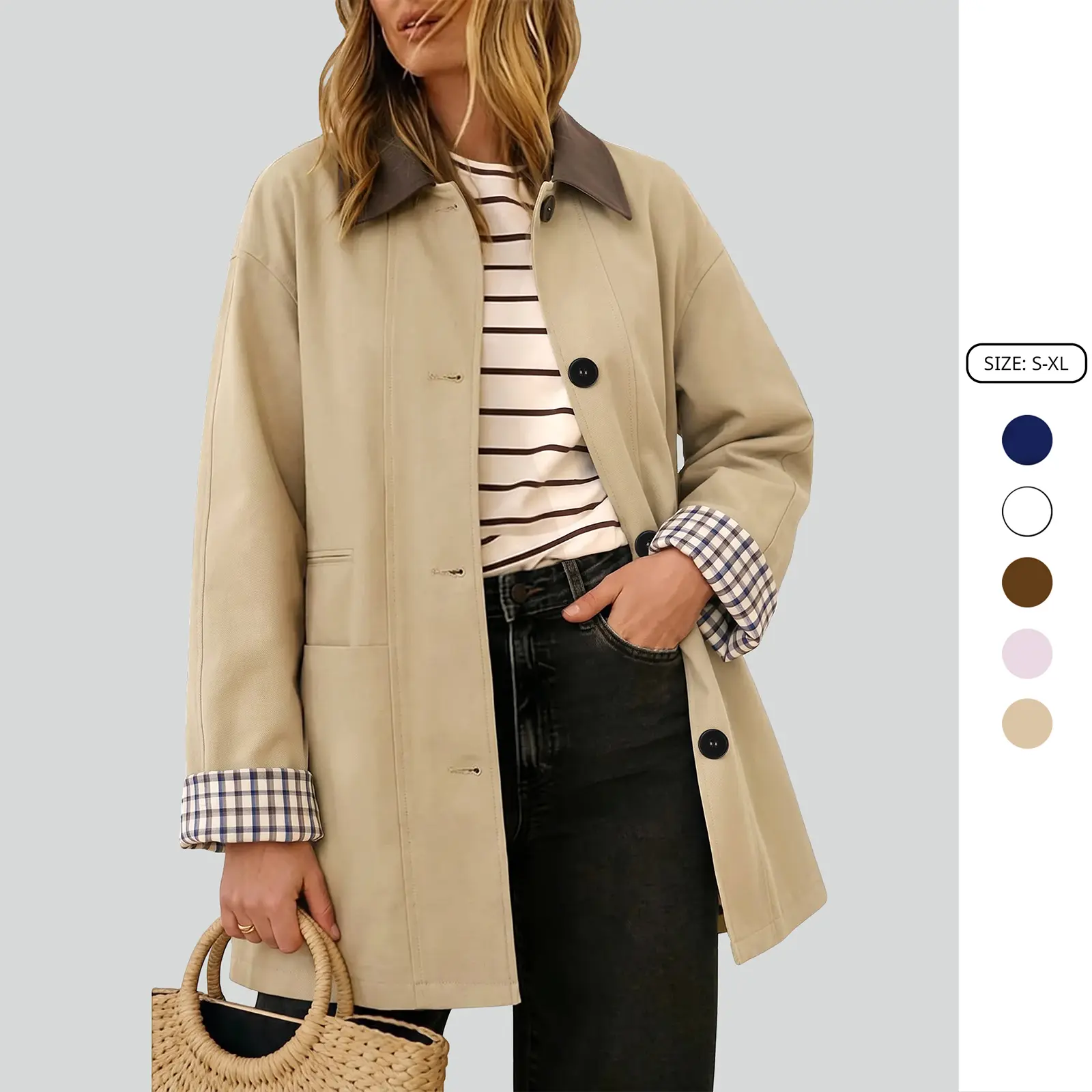 Imily Bela Women's Long Sleeve Classic Barn Jacket, Chic Preppy Vintage Casual Button-Down Coat with Contrast Collar for Everyday Wear