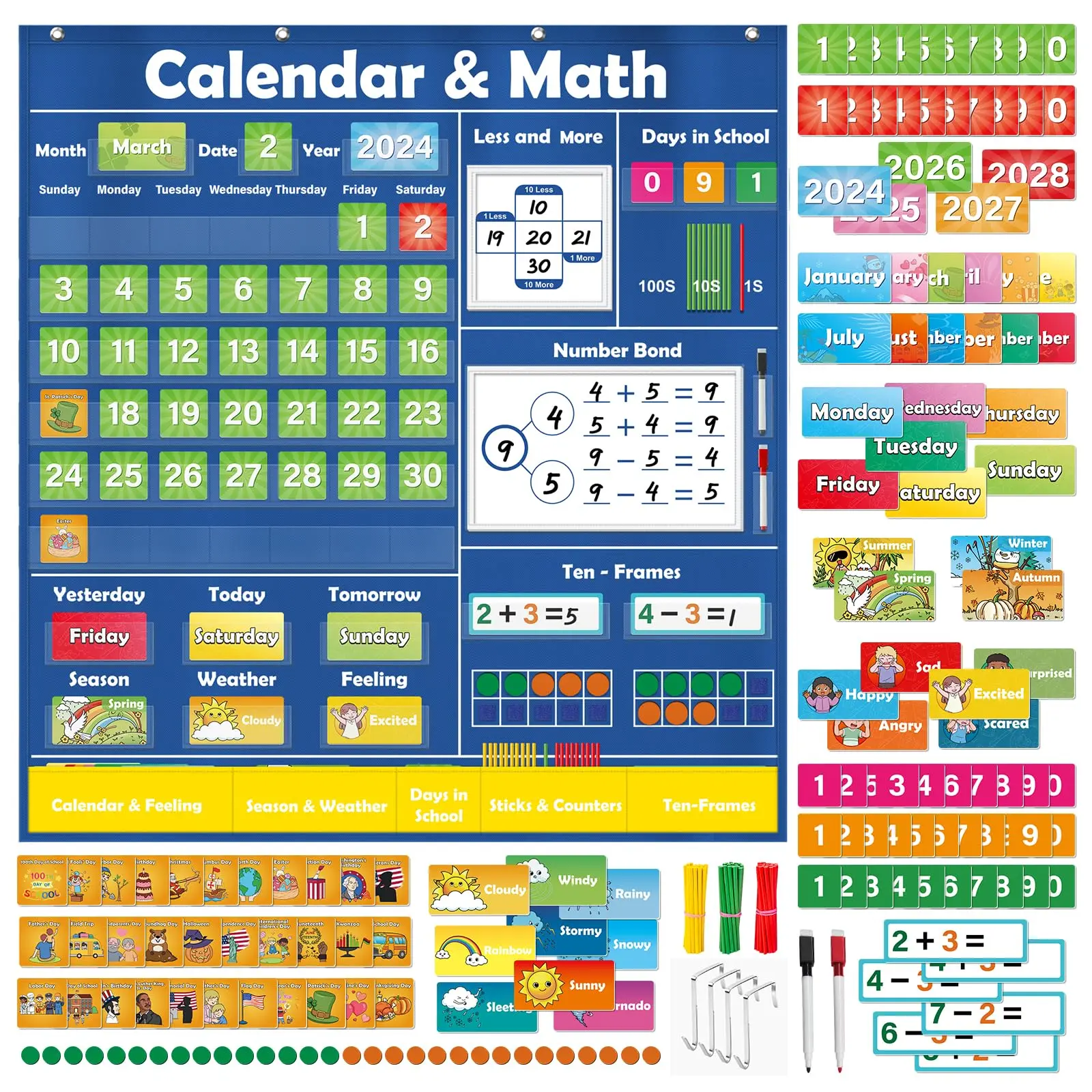 Classroom Pocket Chart ,Toddler Preschool Classroom Math Calendar, Addition and Subtraction, Advent Calendar, Magnetic Dry Alphabet Paper