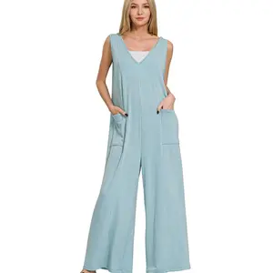 Zenana French Terry Deep V Neck Jumpsuits