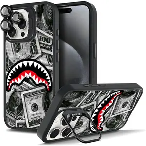 Shark Mouth Phone Case for iPhone 11 12 13 14 15 16 17 Pro Max, Hard TPU with Metal Lens Frame, Film, Bracket Stand, Shockproof Anti-Drop Protective Shell Gift