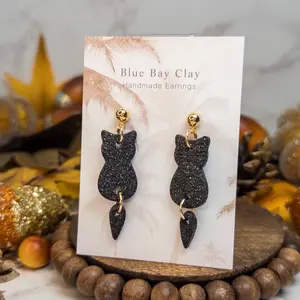 Blue Bay Clay Handmade Clay Sparkling Black Cat Dangle Earrings Nickel Free Hypoallergenic for Fall & Halloween Seasonal Appeal