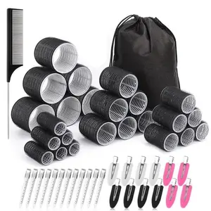 Hair Curlers Set with 24 Rollers (6 Jumbo, 6 Large, 6 Medium, 6 Small) and 24 Clips for All Hair Lengths (Black)