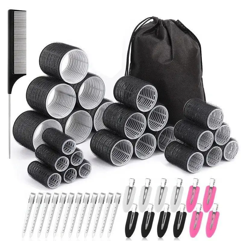 Hair Curlers Set with 24 Rollers (6 Jumbo, 6 Large, 6 Medium, 6 Small) and 24 Clips for All Hair Lengths (Black)
